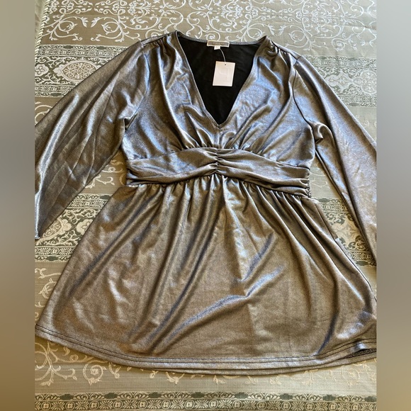 PLEIONE 🩶SILVER🩶 METALLIC V-NECK EMPIRE WAIST TOP SIZE LARGE 🌟NWT🌟 - Picture 2 of 7